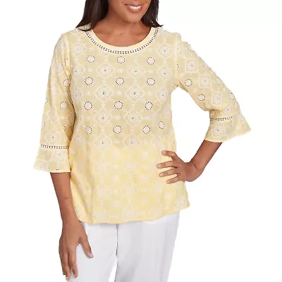 Alfred Dunner Rise And Shine Womens Crew Neck 3/4 Sleeve Embroidered Blouse