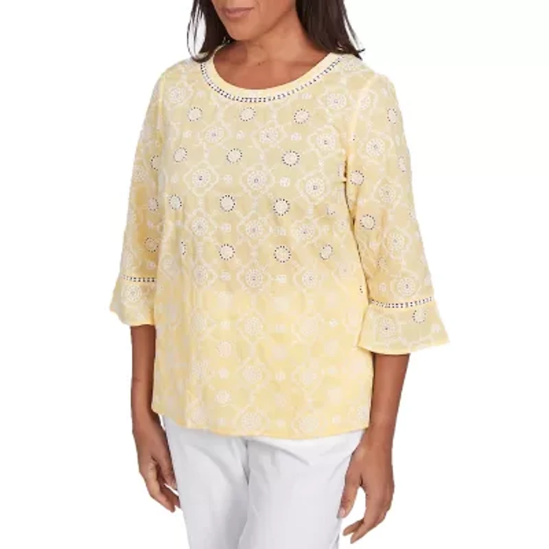 Alfred Dunner Rise And Shine Womens Crew Neck 3/4 Sleeve Embroidered Blouse
