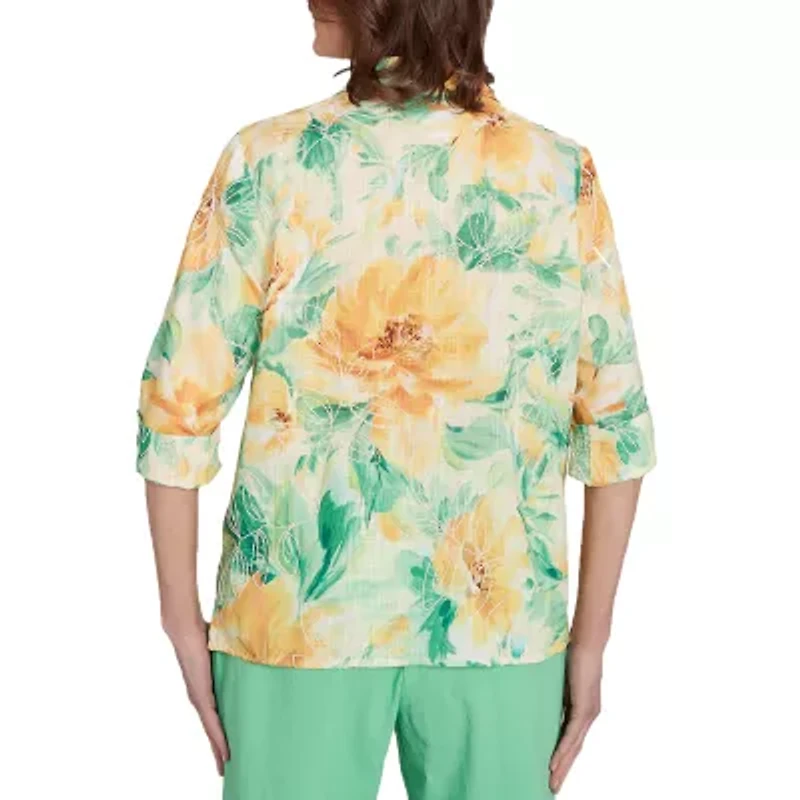 Alfred Dunner Rise And Shine Womens 3/4 Sleeve Cuffed Button-Down Shirt