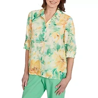 Alfred Dunner Rise And Shine Womens 3/4 Sleeve Cuffed Button-Down Shirt