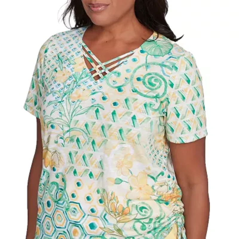 Alfred Dunner Rise And Shine Womens V Neck Short Sleeve T-Shirt