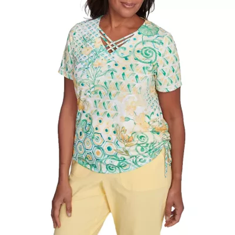 Alfred Dunner Rise And Shine Womens V Neck Short Sleeve T-Shirt