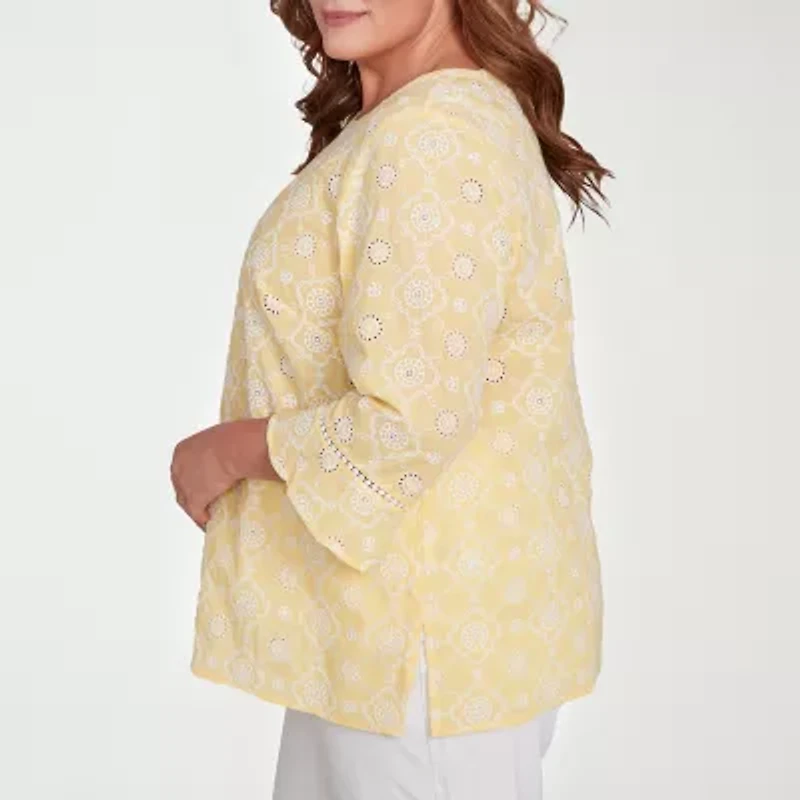 Alfred Dunner Rise And Shine Womens Plus Crew Neck 3/4 Sleeve Embroidered Blouse
