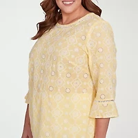 Alfred Dunner Rise And Shine Womens Plus Crew Neck 3/4 Sleeve Embroidered Blouse