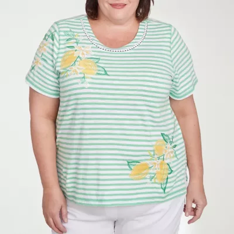 Alfred Dunner Rise And Shine Womens Crew Neck Short Sleeve Plus T-Shirt