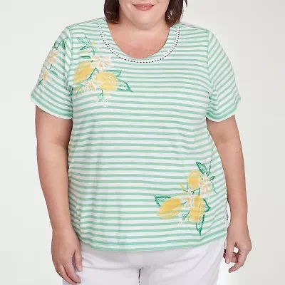 Alfred Dunner Rise And Shine Womens Crew Neck Short Sleeve Plus T-Shirt