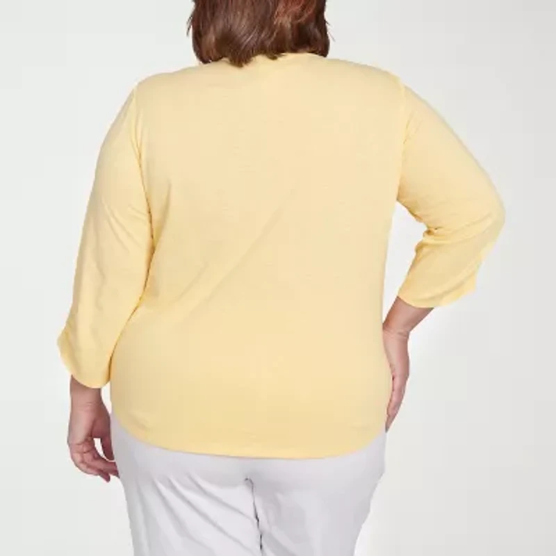 Alfred Dunner Rise And Shine Womens Plus Split Crew Neck 3/4 Sleeve T-Shirt