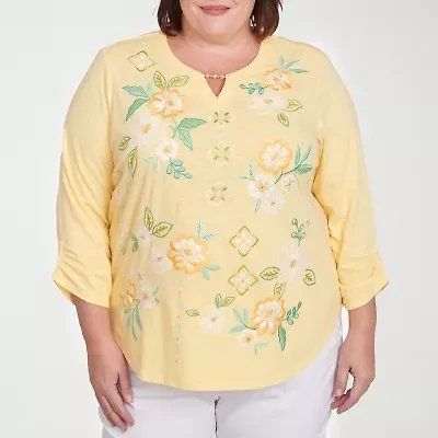 Alfred Dunner Rise And Shine Womens Split Crew Neck 3/4 Sleeve Plus T-Shirt