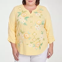 Alfred Dunner Rise And Shine Womens Plus Split Crew Neck 3/4 Sleeve T-Shirt