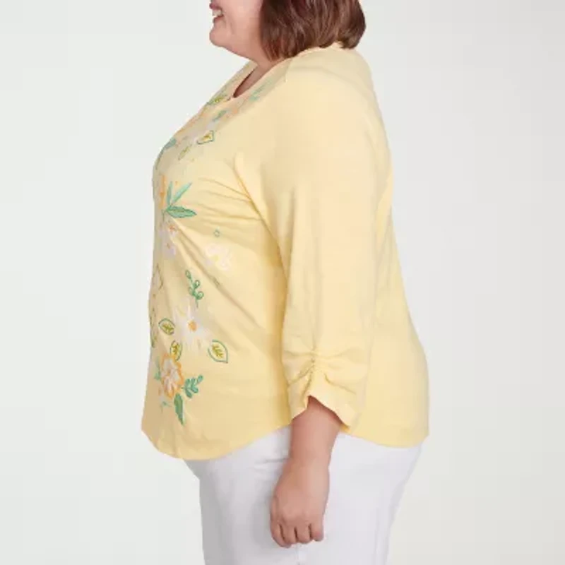 Alfred Dunner Rise And Shine Womens Plus Split Crew Neck 3/4 Sleeve T-Shirt