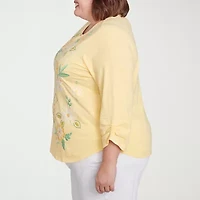 Alfred Dunner Rise And Shine Womens Plus Split Crew Neck 3/4 Sleeve T-Shirt