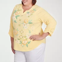 Alfred Dunner Rise And Shine Womens Plus Split Crew Neck 3/4 Sleeve T-Shirt