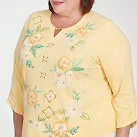 Alfred Dunner Rise And Shine Womens Plus Split Crew Neck 3/4 Sleeve T-Shirt