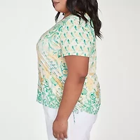 Alfred Dunner Rise And Shine Womens Plus V Neck Short Sleeve Stretch Fabric T-Shirt