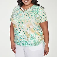 Alfred Dunner Rise And Shine Womens Plus V Neck Short Sleeve Stretch Fabric T-Shirt