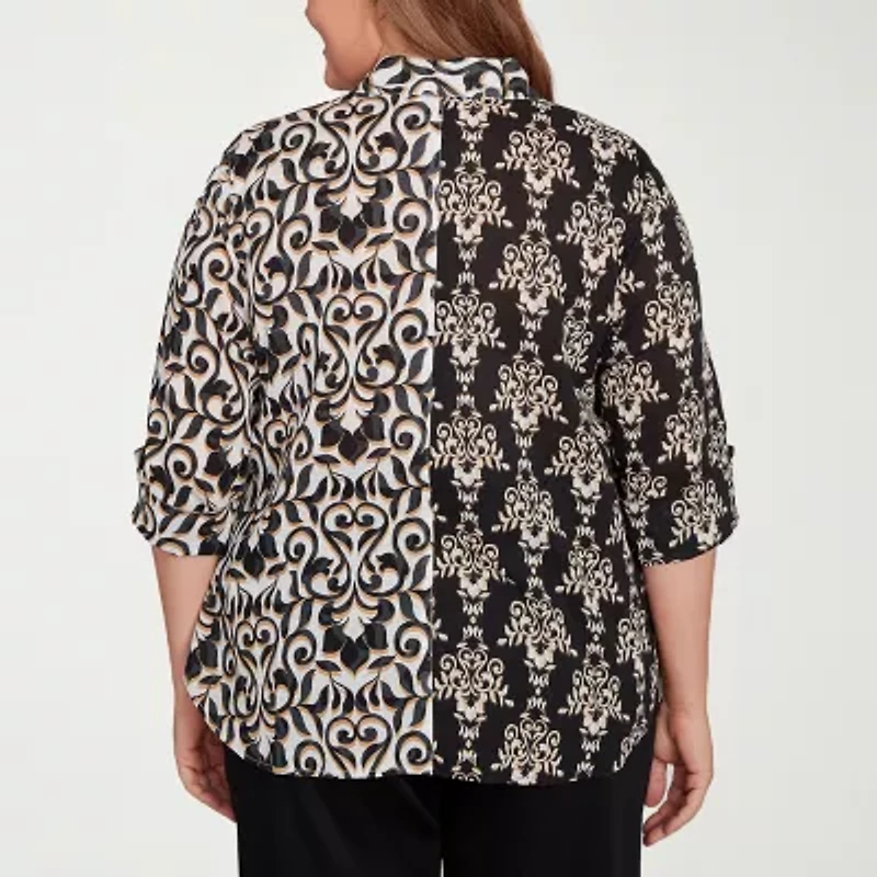Alfred Dunner Natural Instinct Womens 3/4 Sleeve Cuffed Plus Button-Down Shirt