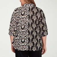 Alfred Dunner Natural Instinct Womens 3/4 Sleeve Cuffed Plus Button-Down Shirt