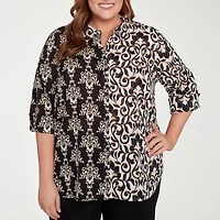 Alfred Dunner Natural Instinct Womens 3/4 Sleeve Cuffed Plus Button-Down Shirt