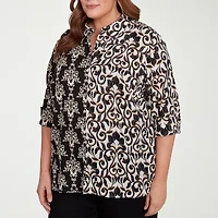 Alfred Dunner Natural Instinct Womens 3/4 Sleeve Cuffed Plus Button-Down Shirt