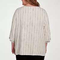 Alfred Dunner Natural Instinct Womens Split Crew Neck 3/4 Sleeve Embroidered Plus Blouse