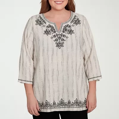 Alfred Dunner Plus Natural Instinct Womens Split Crew Neck 3/4 Sleeve Embroidered Blouse