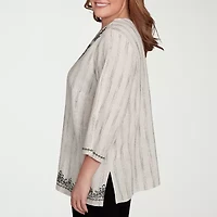 Alfred Dunner Natural Instinct Womens Split Crew Neck 3/4 Sleeve Embroidered Plus Blouse