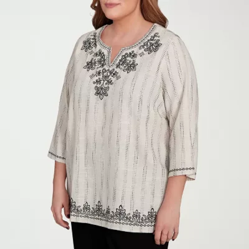 Alfred Dunner Natural Instinct Womens Split Crew Neck 3/4 Sleeve Embroidered Plus Blouse