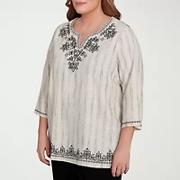 Alfred Dunner Natural Instinct Womens Split Crew Neck 3/4 Sleeve Embroidered Plus Blouse