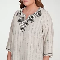 Alfred Dunner Natural Instinct Womens Split Crew Neck 3/4 Sleeve Embroidered Plus Blouse