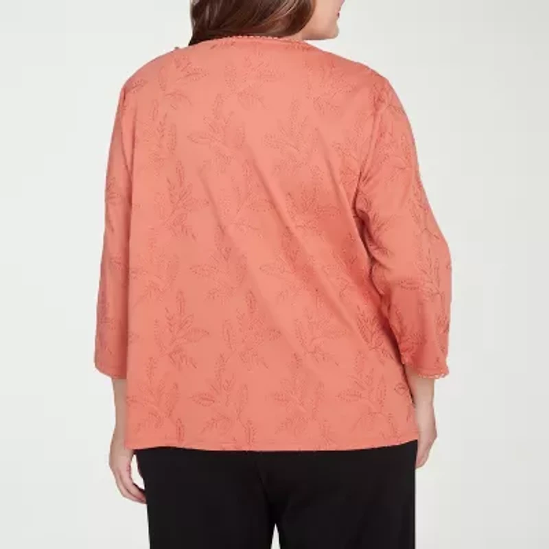 Alfred Dunner Natural Instinct Womens Crew Neck 3/4 Sleeve Plus T-Shirt