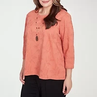 Alfred Dunner Natural Instinct Womens Crew Neck 3/4 Sleeve Plus T-Shirt