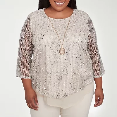 Alfred Dunner Natural Instinct Womens Crew Neck 3/4 Sleeve Plus T-Shirt