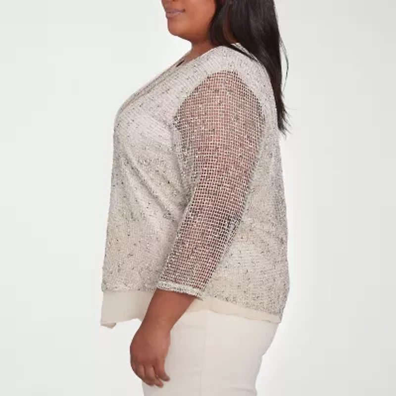 Alfred Dunner Natural Instinct Womens Crew Neck 3/4 Sleeve Plus T-Shirt