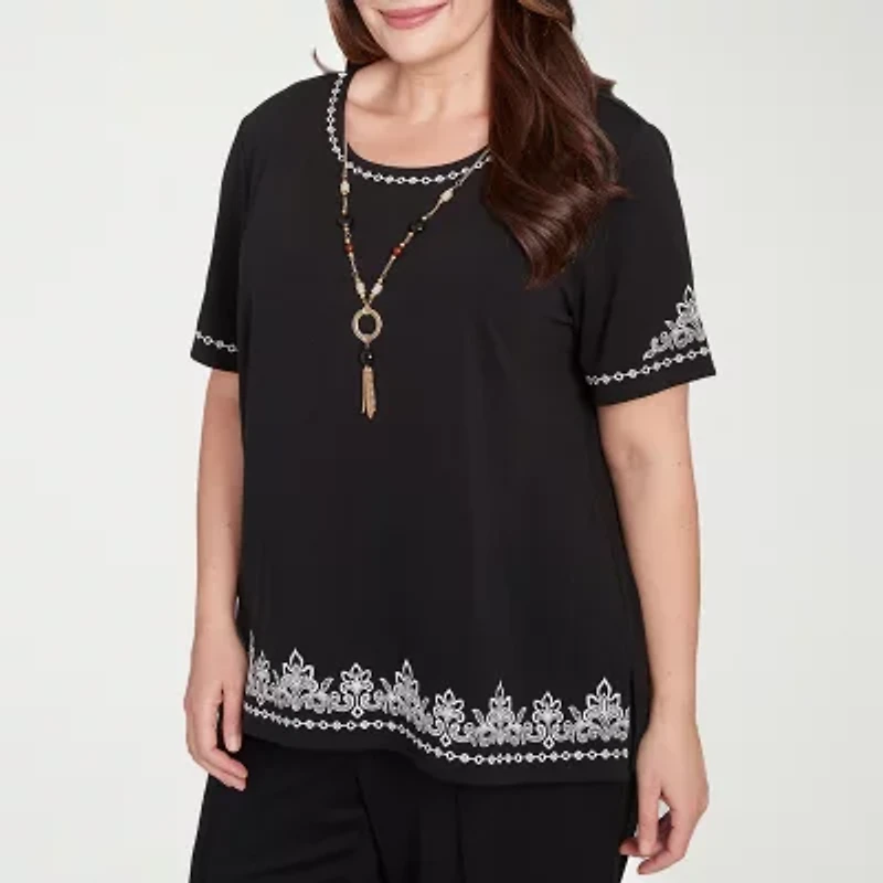 Alfred Dunner Natural Instinct Womens Crew Neck Short Sleeve Stretch Fabric Plus T-Shirt