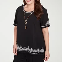 Alfred Dunner Natural Instinct Womens Crew Neck Short Sleeve Stretch Fabric Plus T-Shirt