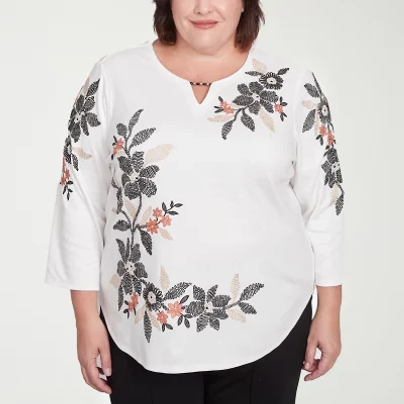 Alfred Dunner Natural Instinct Womens Plus Split Crew Neck 3/4 Sleeve T-Shirt