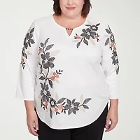 Alfred Dunner Natural Instinct Womens Plus Split Crew Neck 3/4 Sleeve T-Shirt