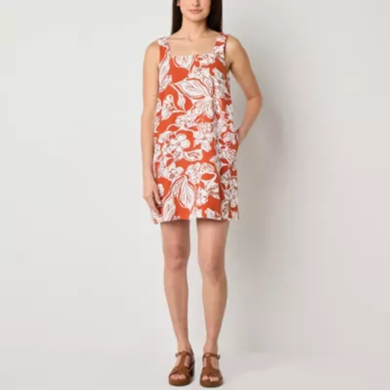 a.n.a Linen Blend Womens Sleeveless Floral Plus A-Line Dress