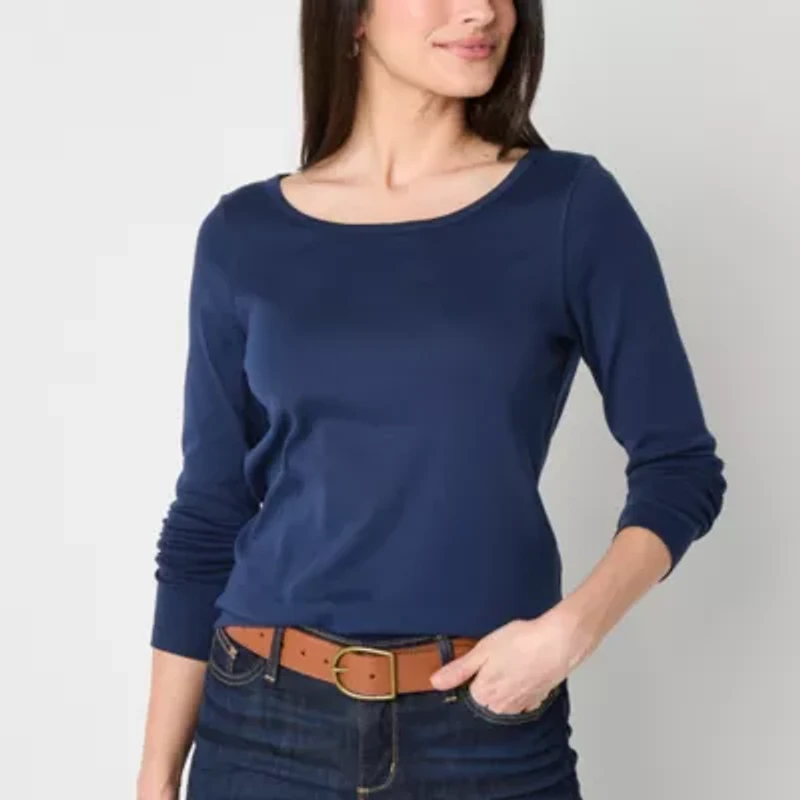 St. John's Bay Womens Easy-on + Easy-off Crew Neck Long Sleeve Adaptive T-Shirt