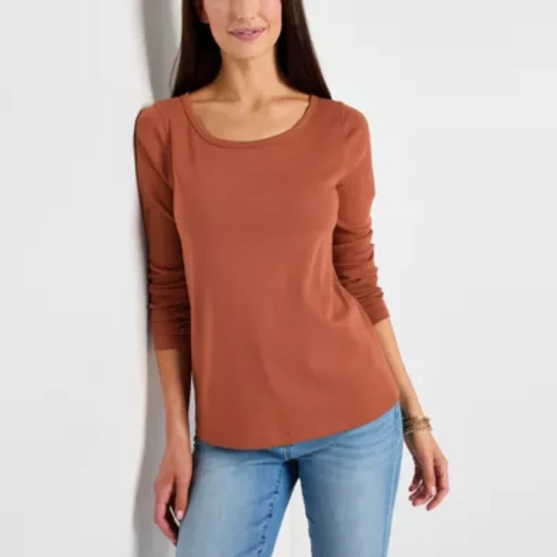 St. John's Bay Womens Easy-on + Easy-off Crew Neck Long Sleeve Adaptive T-Shirt