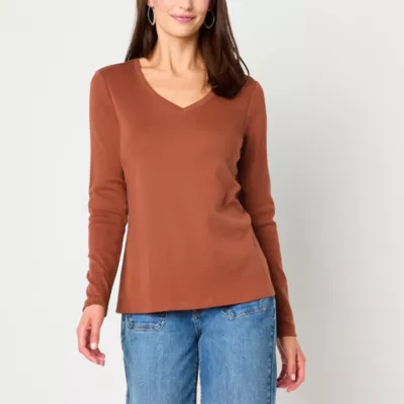 St. John's Bay Womens V Neck Long Sleeve T-Shirt