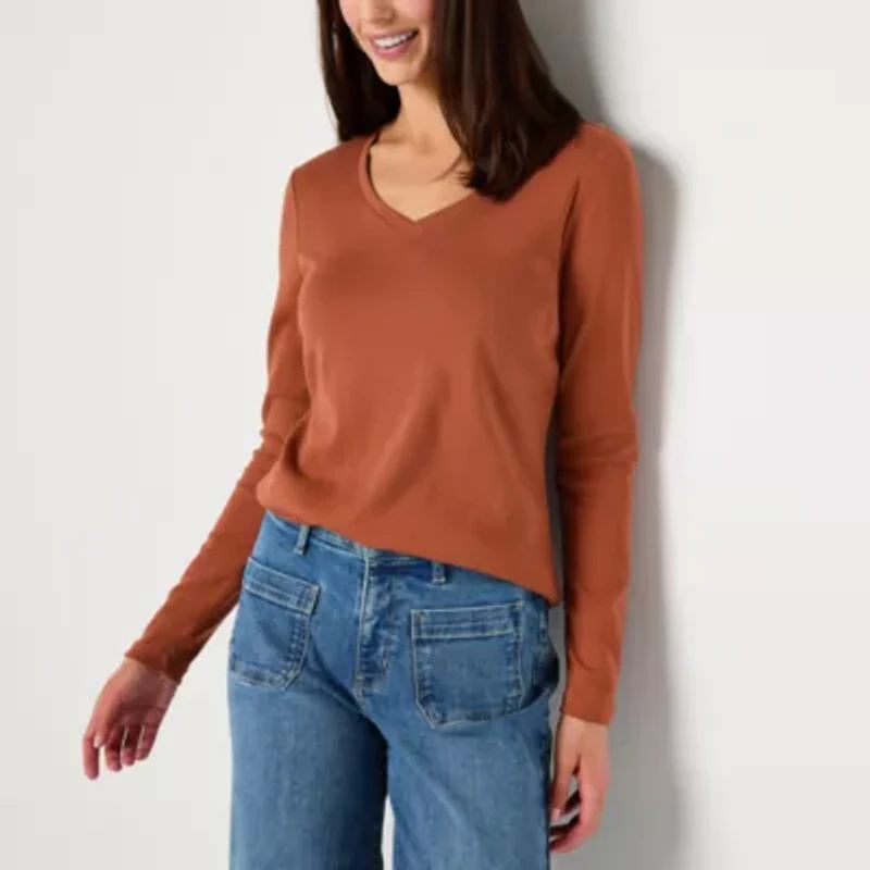 St. John's Bay Womens V Neck Long Sleeve T-Shirt
