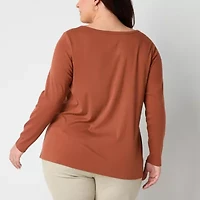 St. John's Bay Womens Plus Easy-on + Easy-off Crew Neck Long Sleeve Adaptive T-Shirt