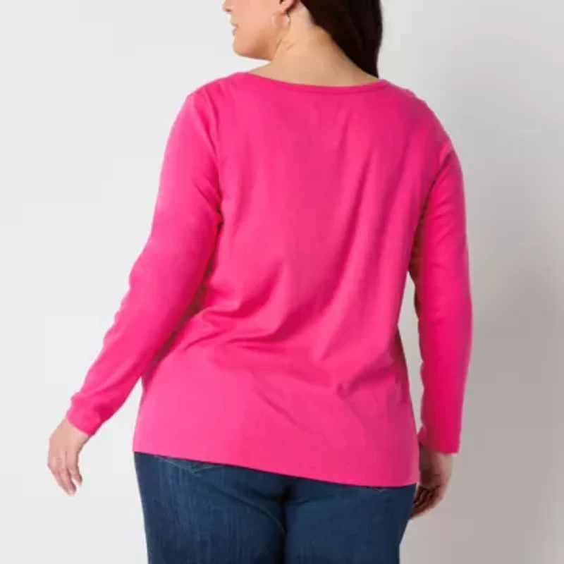 St. John's Bay Womens Plus Easy-on + Easy-off Crew Neck Long Sleeve Adaptive T-Shirt