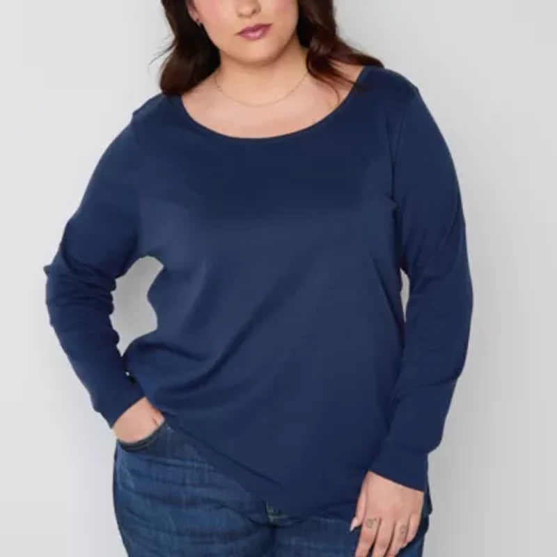 St. John's Bay Womens Easy-on + Easy-off Crew Neck Long Sleeve Adaptive Plus T-Shirt