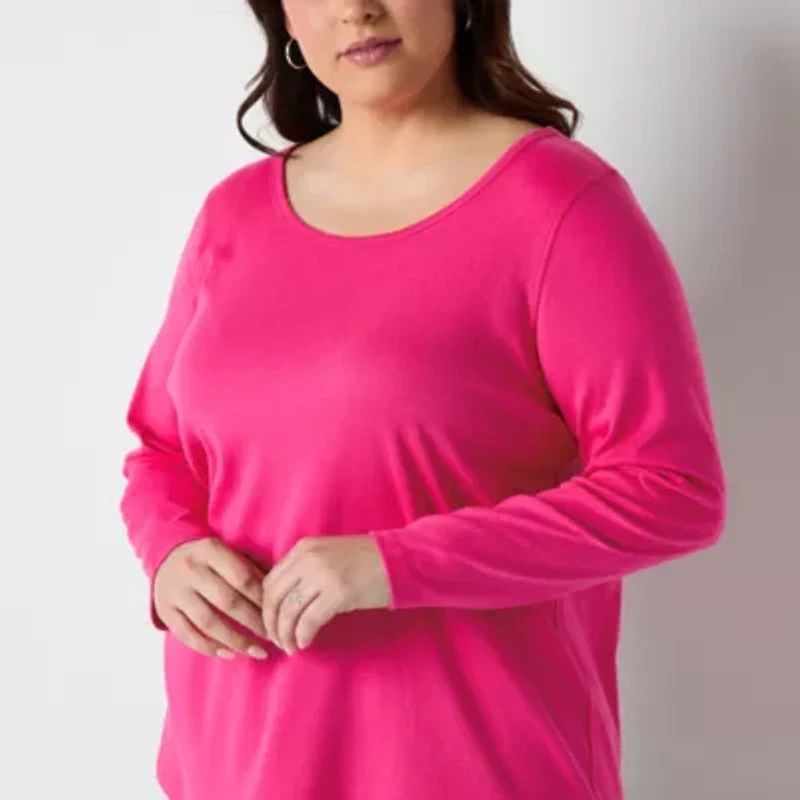 St. John's Bay Womens Plus Easy-on + Easy-off Crew Neck Long Sleeve Adaptive T-Shirt