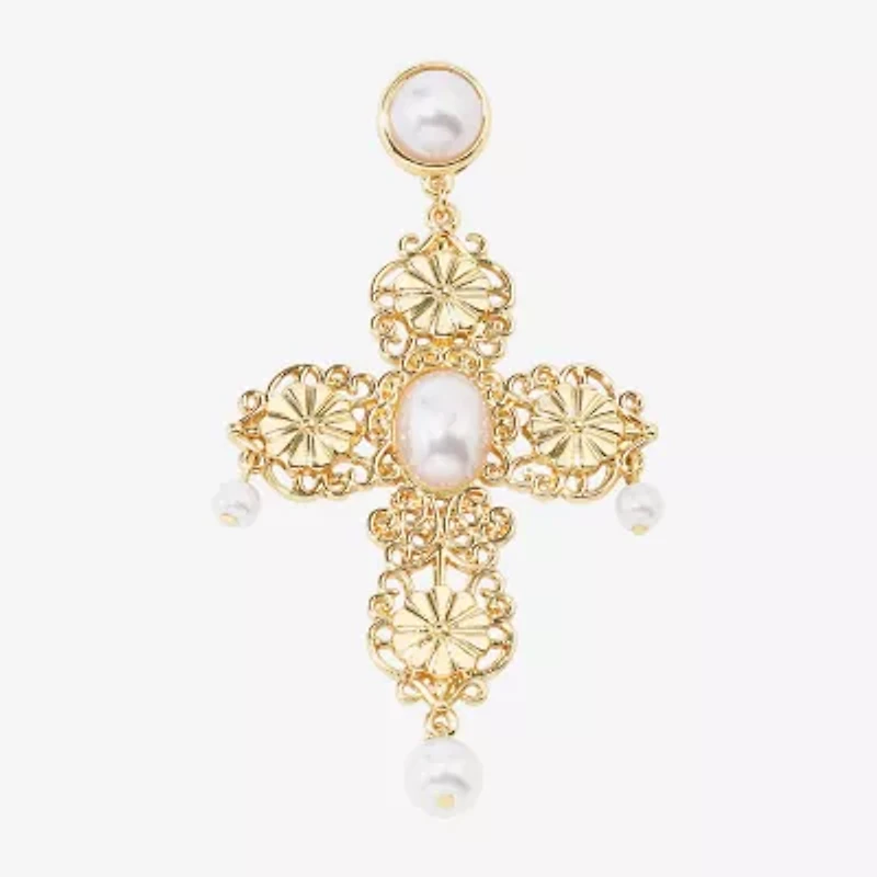 Bijoux Bar Gold Tone Filigree Womens Simulated Pearl Cross Drop Earrings