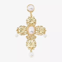 Bijoux Bar Gold Tone Filigree Womens Simulated Pearl Cross Drop Earrings