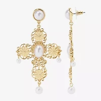 Bijoux Bar Gold Tone Filigree Womens Simulated Pearl Cross Drop Earrings