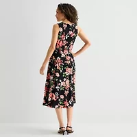 Robbie Bee Womens Petite Sleeveless Floral Midi Fit + Flare Dress
